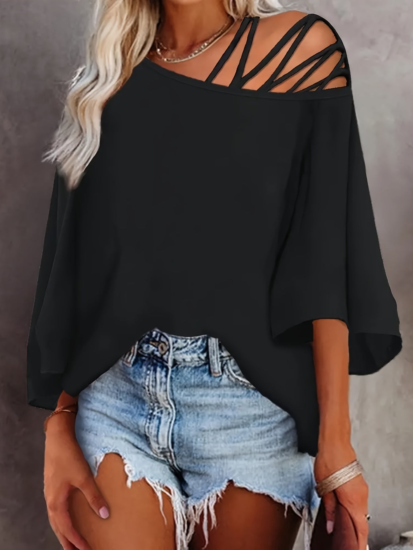 Cold Shoulder Criss Cross T-Shirt, Casual Crew Neck Long Sleeve T-Shirt For Spring & Summer, Women's Clothing