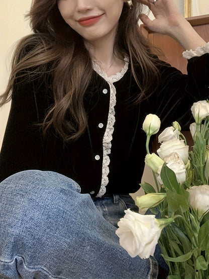 Sixsr Lace Stitching V-neck Velvet Blouse, Vintage Long Sleeve Button Front Blouse For Spring & Fall, Women's Clothing