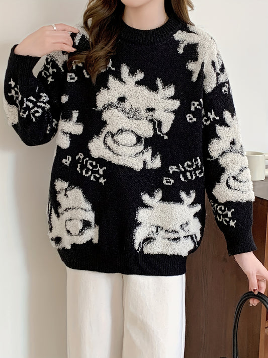 Sixsr Dragon Pattern Crew Neck Pullover Sweater, Cute Long Sleeve Fall Winter Sweater, Women's Clothing