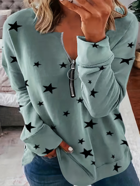 Sixsr Plus Size Casual Top, Women's Plus Star Print Zip Up Long Sleeve Round Neck Slight Stretch Top