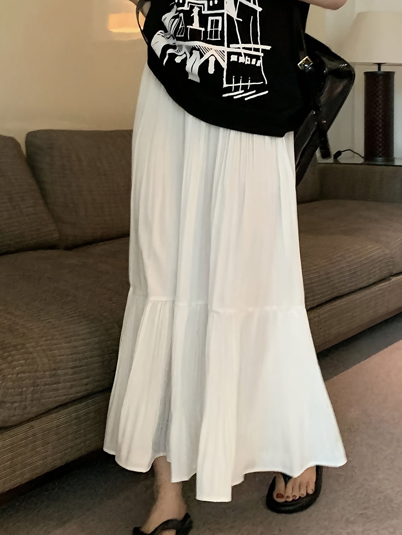 Sixsr Solid Ruffle Hem Swing Skirt, Elegant Skirt For Spring & Fall, Women's Clothing