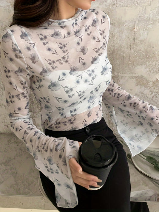 Sixsr Floral Print Flared Sleeve Blouse, Casual Crew Neck Semi-Sheer Blouse, Women's Clothing
