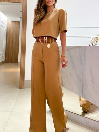 Women's Casual Two-piece Set with Wide Leg Pants - Short Sleeve Crop Top and Wide Leg Pants Outfit for Comfortable and Stylish Look