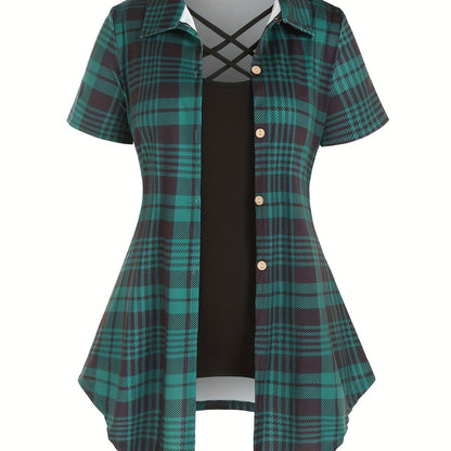 Women's Plaid Print Button Front Shirt and Solid Slim Cami Top Set - Perfect for Casual Summer Outfits