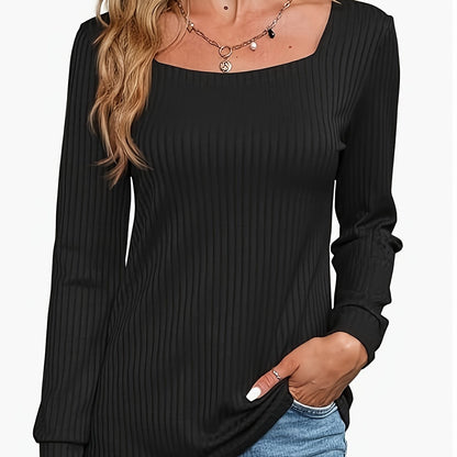 Sixsr Solid Square Neck T-shirt, Casual Long Sleeve Top For Spring & Fall, Women's Clothing