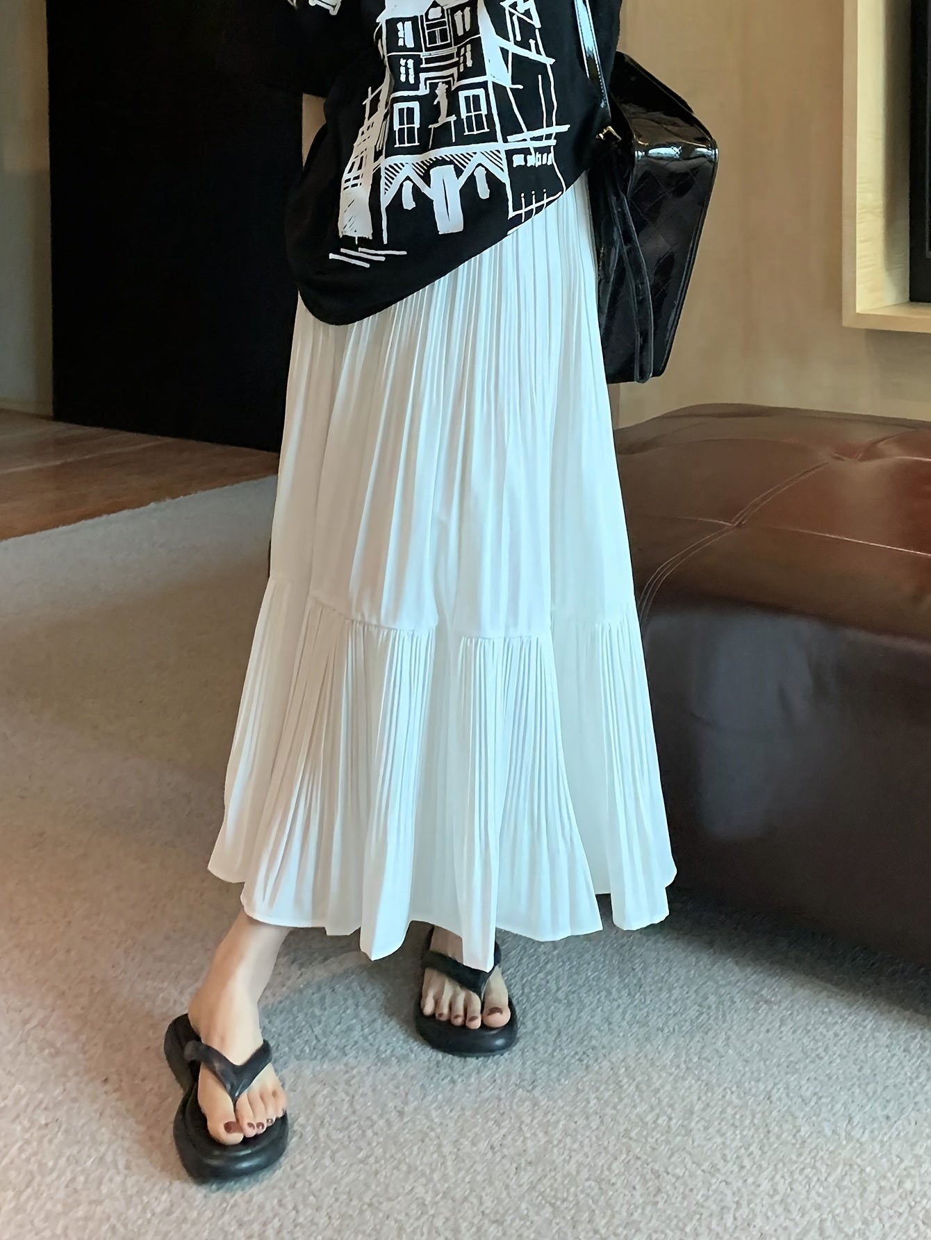 Sixsr Solid Ruffle Hem Swing Skirt, Elegant Skirt For Spring & Fall, Women's Clothing