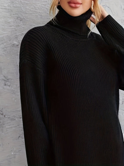 Sixsr Solid Turtle Neck Pullover Sweater, Casual Long Sleeve Split Knit Sweater, Women's Clothing