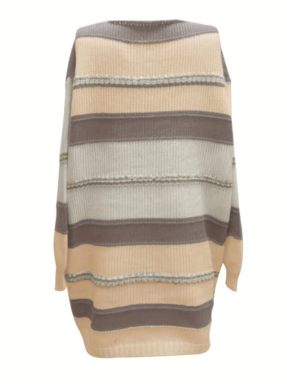 Sixsr Plus Size Casual Dress, Women's Plus Striped Long Sleeve V Neck High Stretch Oversized Sweater Dress