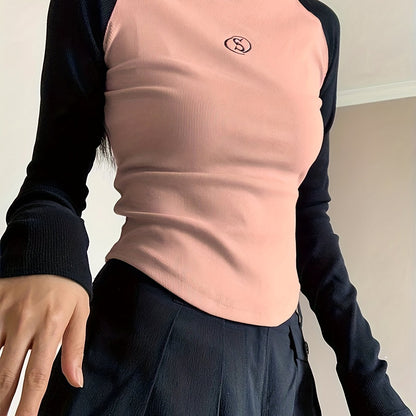 Sixsr Graphic Pattern Colorblock Mock Neck T-Shirt, Casual Long Sleeve Top For Spring & Fall, Women's Clothing