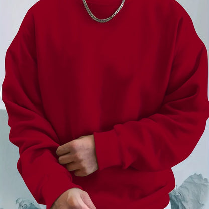 Sixsr Basic Solid Color Sweatshirt, Men's Casual Graphic Design Slightly Stretch Crew Neck Pullover Sweatshirt For Autumn Winter