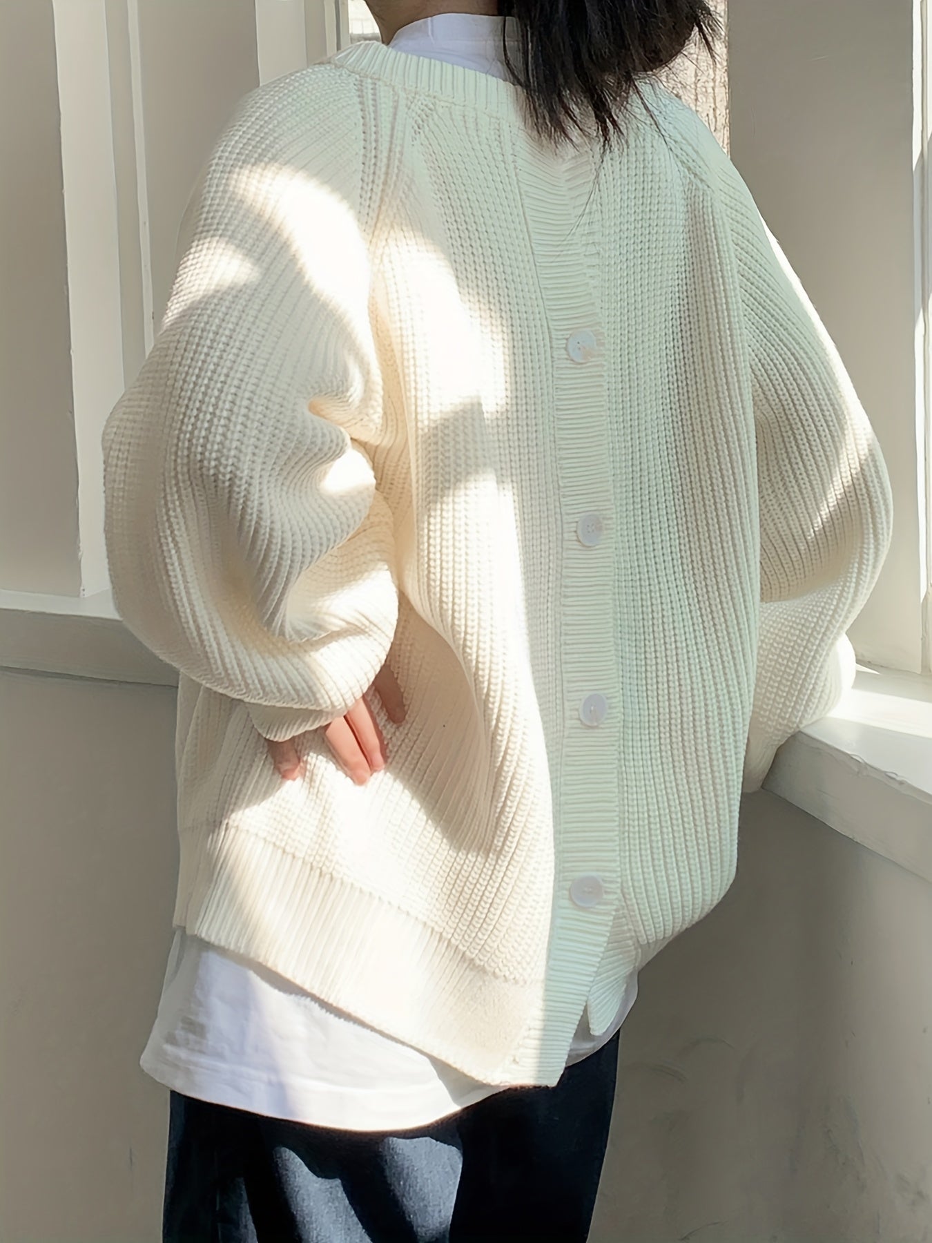 Sixsr Back Button V Neck Sweater, Casual Long Sleeve Sweater For Fall & Winter, Women's Clothing