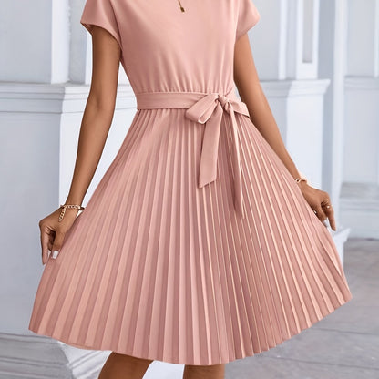 Pleated Tie Front Dress, Casual Short Sleeve Dress For Spring & Summer, Women's Clothing