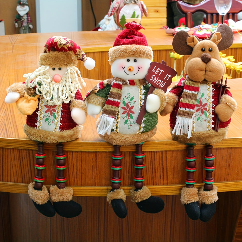 3 Pieces Christmas Sitting Santa Claus Snowman Reindeer Christmas Ornament Long Legs Table Fireplace Decor Home Decoration Christmas Figurines Plush