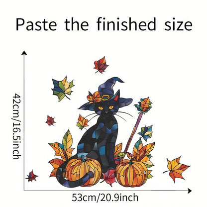 Festive Halloween Wall Decal: Black Cat, Pumpkins, and Fall Leaves - 38cm x 15inch - Contemporary Design - Self-Adhesive - Durable Vinyl - Perfect for Glass Windows and Doors