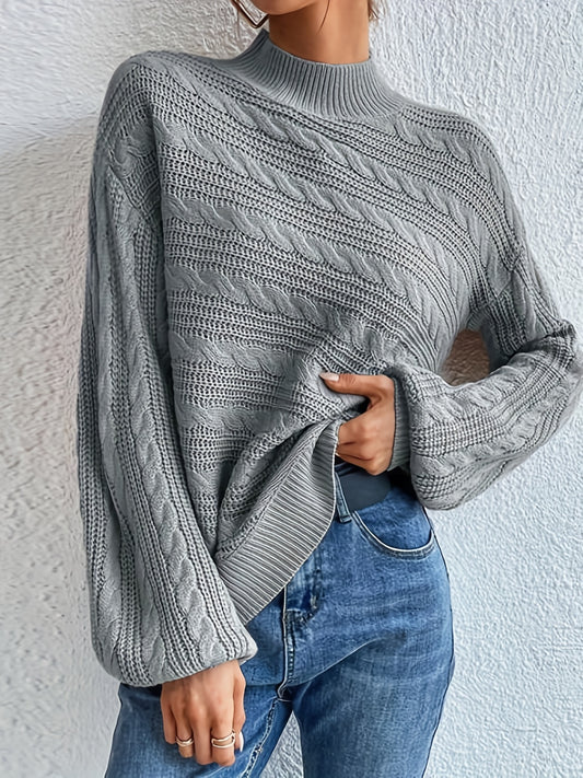 Sixsr Solid Mock Neck Cable Knit Sweater, Casual Long Sleeve Loose Sweater, Women's Clothing