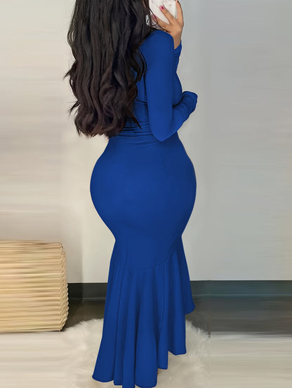 Ruffle Hem Plunging Dress, Sexy Long Sleeve Bodycon Asymmetrical Dress, Women's Clothing