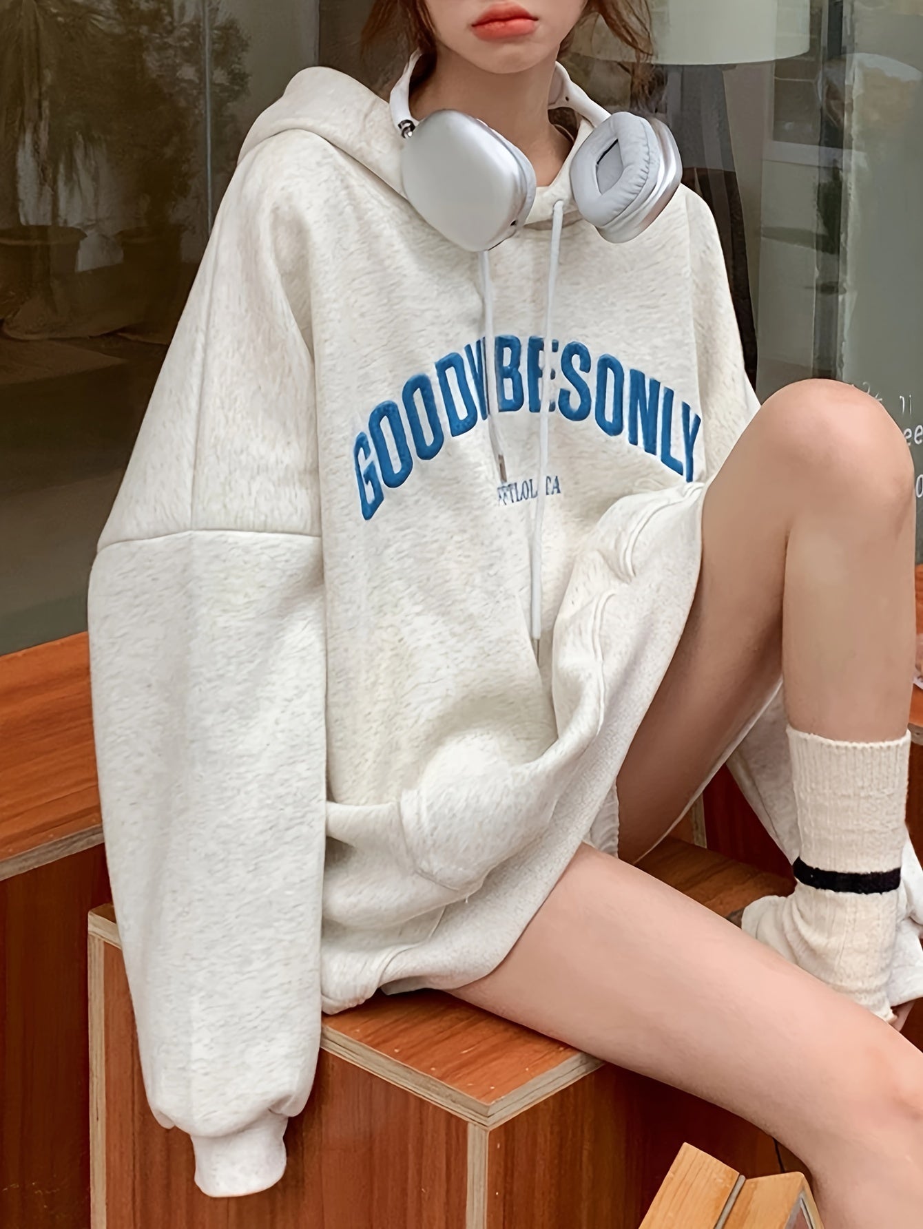 Sixsr Letter Embroidered Loose Hoodie, Casual Drawstring Kangaroo Pocket Hoodies Sweatshirt, Women's Clothing