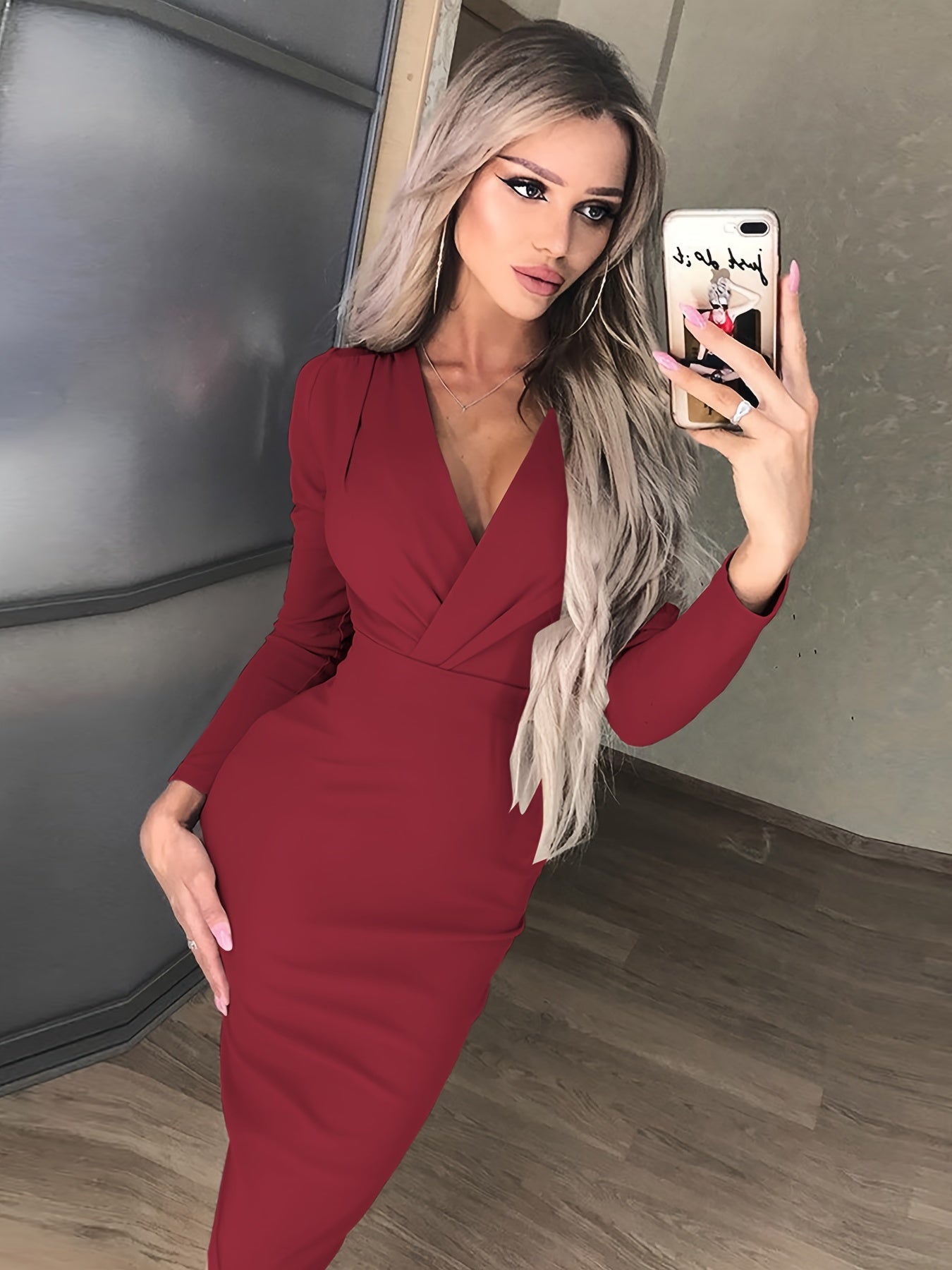 Sixsr Solid V Neck Maxi Bodycon Dresses, Sexy Club Long Sleeve Dress, Women's Clothing