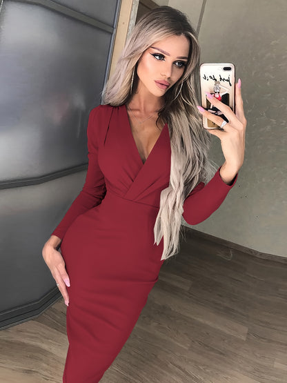 Sixsr Solid V Neck Maxi Bodycon Dresses, Sexy Club Long Sleeve Dress, Women's Clothing