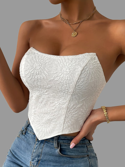 Sixsr Floral Pattern Solid Tube Top, Casual Off Shoulder Hanky Hem Tube Top, Women's Clothing