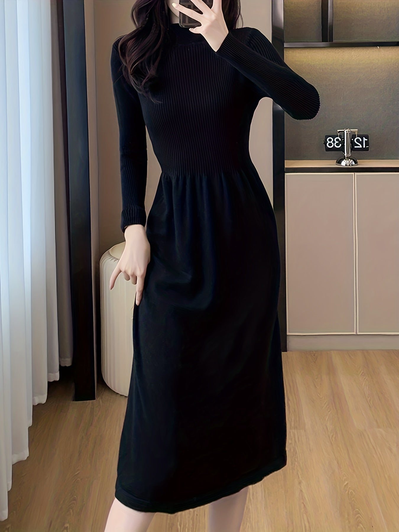 Sixsr Solid Long Sleeve Knit Dress, Elegant Mock Neck A-line Dress For Fall & Winter, Women's Clothing