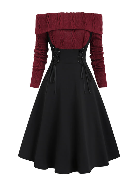 Sixsr Color Block Off Shoulder Dress, Elegant Vintage Long Sleeve Dress, Women's Clothing