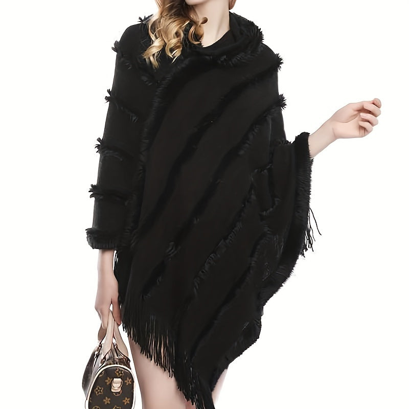 Sixsr Loose Knit Hooded Pullover Poncho Large Solid Color Batwing Tassel Shawl Autumn Winter Travel Outside Windproof Cape