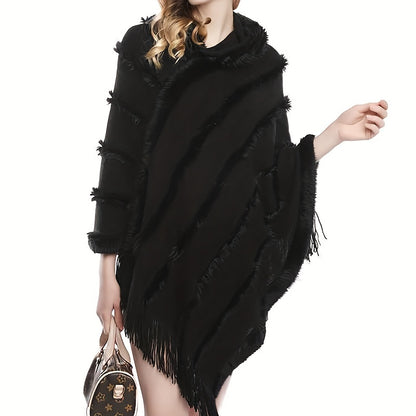 Sixsr Loose Knit Hooded Pullover Poncho Large Solid Color Batwing Tassel Shawl Autumn Winter Travel Outside Windproof Cape