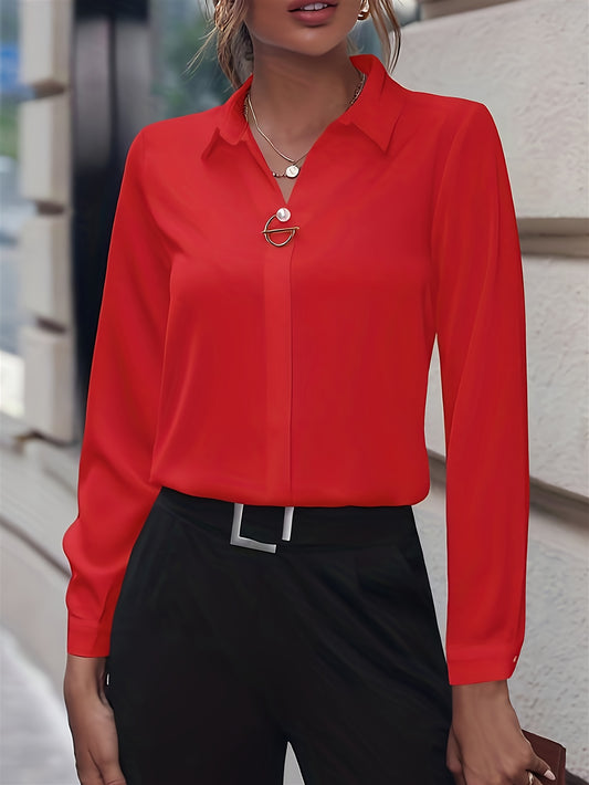 Sixsr Solid Polo Collar Shirt, Elegant Long Sleeve Shirt For Spring & Fall, Women's Clothing