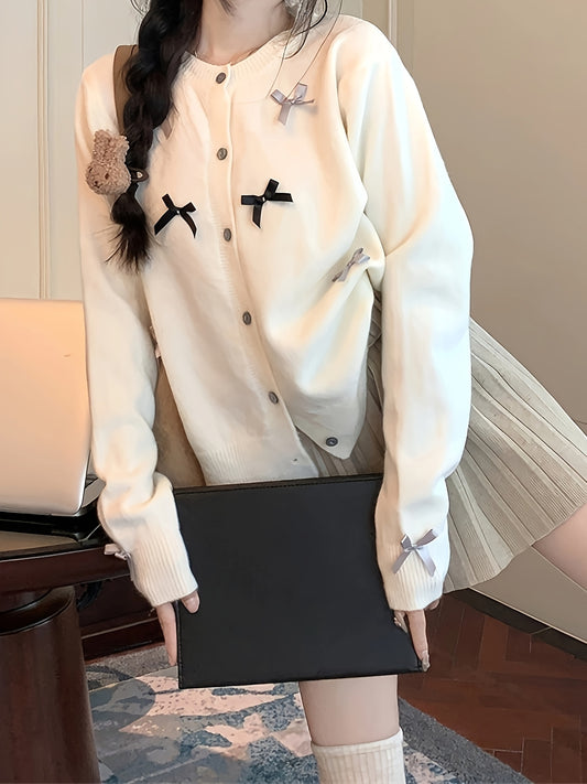 Sixsr Bow Decor Button Up Knit Cardigan, Casual Crew Neck Long Sleeve Sweater, Women's Clothing