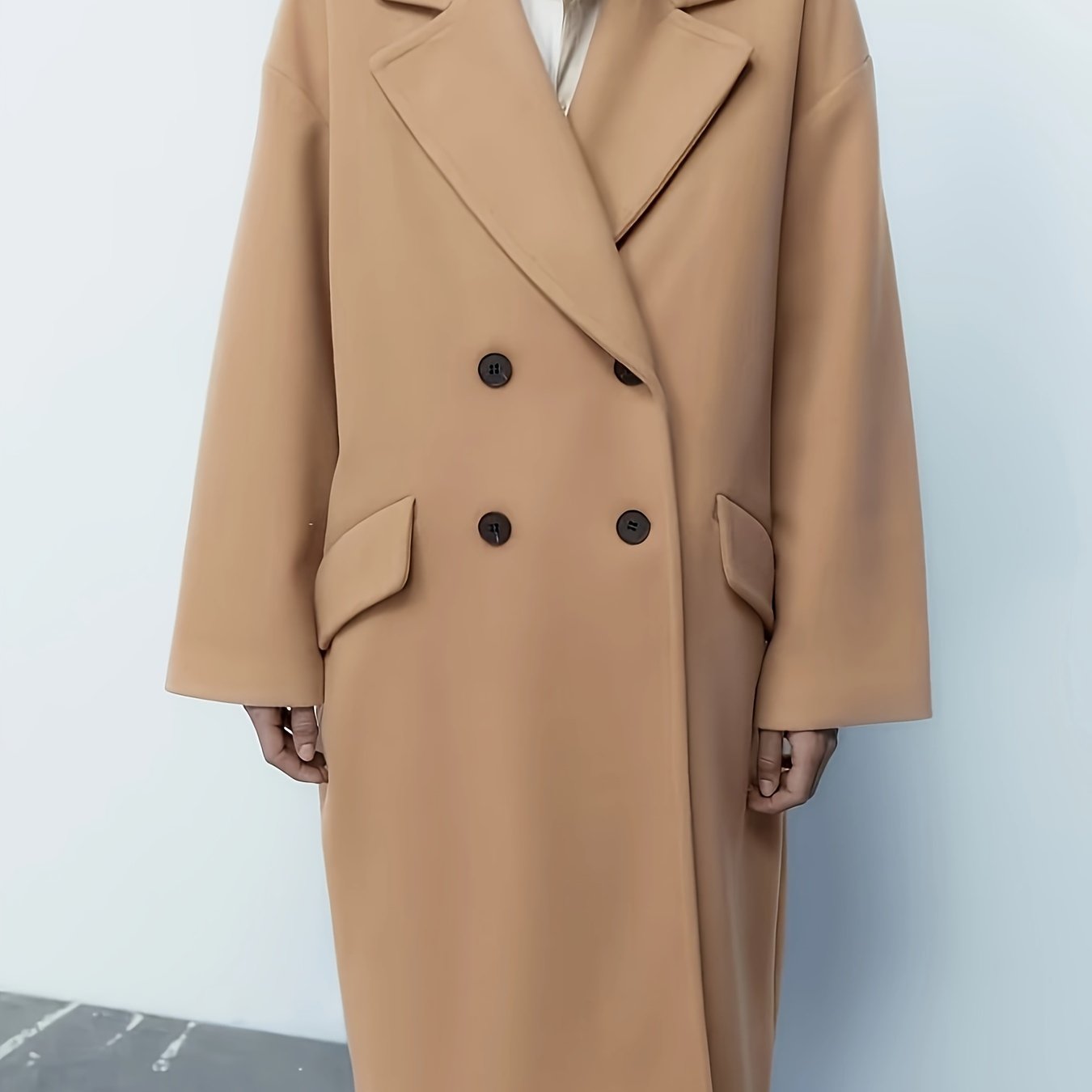 Sixsr Solid Double Breasted Lapel Overcoat, Elegant Long Sleeve Winter Warm Outwear, Women's Clothing