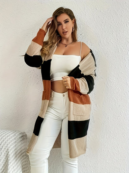 Color Block Striped Open Front Cardigan, Casual Long Sleeve Cardigan, Women's Clothing