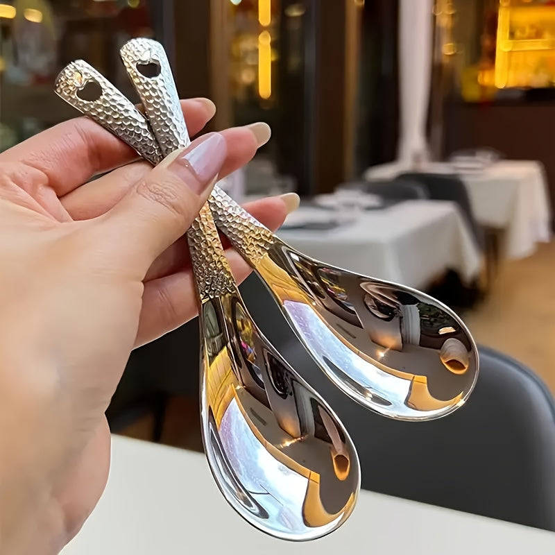 Hammered Texture Stainless Steel Spoons - 2 Pieces, 15cm/5.9in Length, Perfect for Home or Restaurant Use