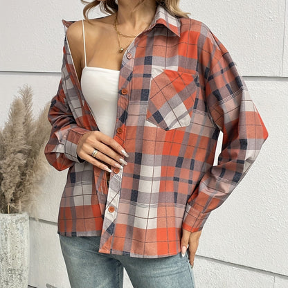 Sixsr Plaid Print Polo Collar Button Shirt, Casual Long Sleeve Shirt For Spring & Fall, Women's Clothing