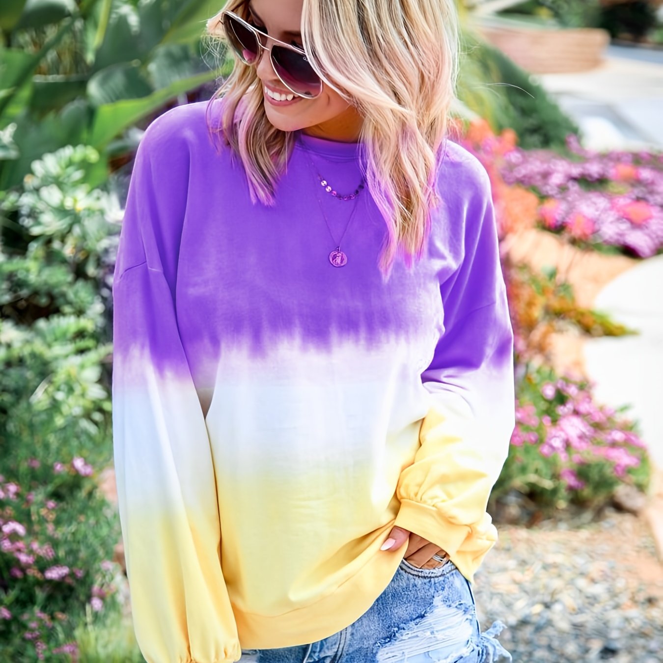 Gradient Tie Dye T-Shirt, Long Sleeve Crew Neck Casual Top For Spring & Fall, Women's Clothing