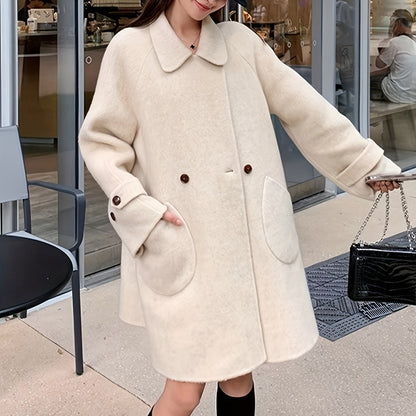 Sixsr Solid Double Breasted Pockets Overcoat, Elegant Long Sleeve Outwear For Fall & Winter, Women's Clothing