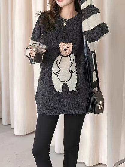 Sixsr Cute Bear Graphic Long Sleeve Sweater, Color Block Casual Every Day Sweater, Women's Clothing