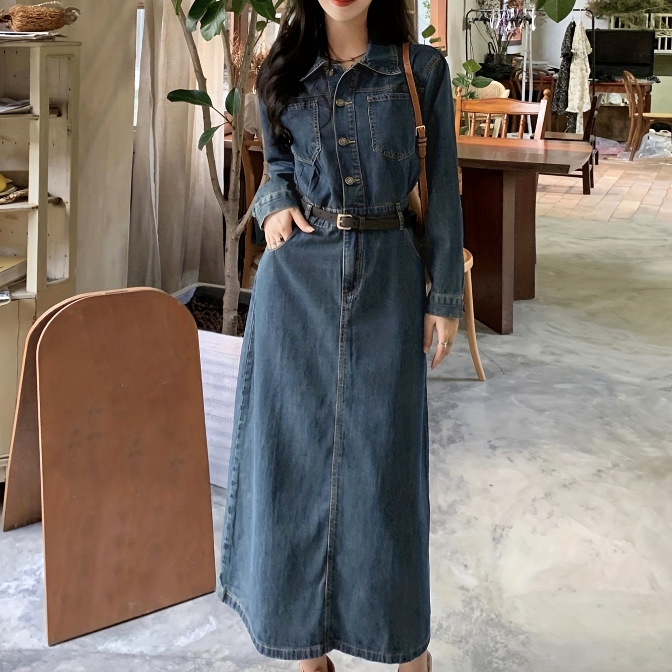 Sixsr Blue Long Sleeves Denim Dress, Retro Style Single Breasted Button Split Lapel Denim Dress, Women's Denim Clothing