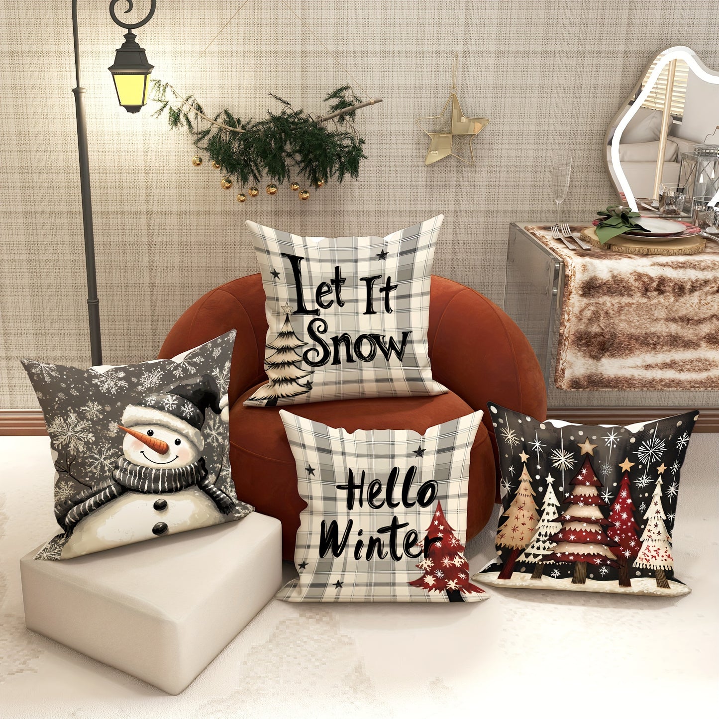 4-Pack 18x18 Velvet Christmas Pillow Covers - Soft, Plush, and Durable Zippered Throw Pillowcases with Snowman & Tree Plaid Design - Perfect for Winter Farmhouse Decor, Living Room Couch, and Machine Washable Polyester Fabric - Inserts Not Included