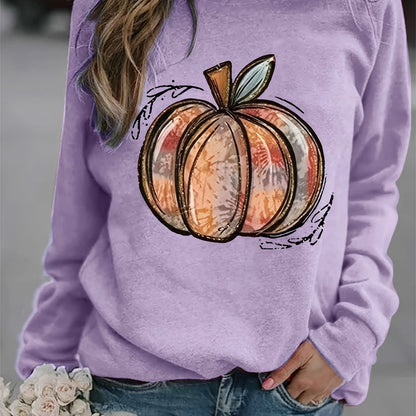 Sixsr Halloween Pumpkin Print Sweatshirt, Casual Long Sleeve Crew Neck Sweatshirt, Women's Clothing