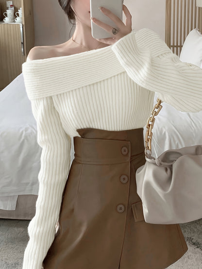 Sixsr Solid Off Shoulder Knit Sweater, Casual Long Sleeve Pullover Sweater, Women's Clothing