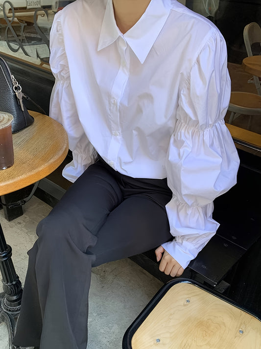 Sixsr Solid Polo Collar Blouse, Elegant Long Puff Sleeve Blouse For Spring & Fall, Women's Clothing