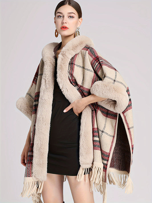 Sixsr Fuzzy Trim Plaid Cape Cardigan, Elegant Tassel Open Front Shawl Tops, Women's Clothing