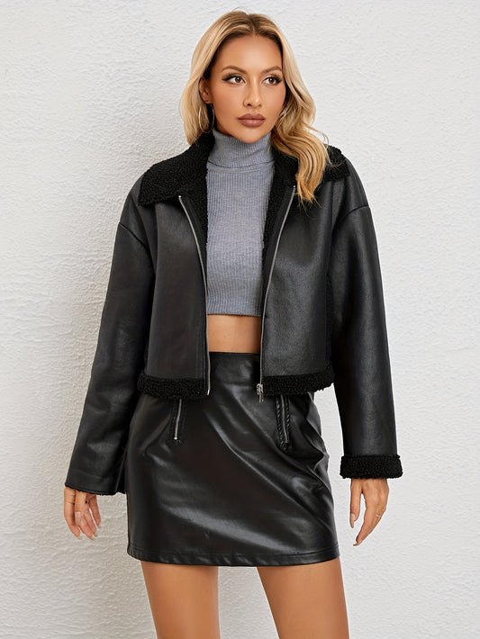 Sixsr Solid Faux Fur Decor Jacket, Versatile Zipper Drop Shoulder Jacket, Women's Clothing