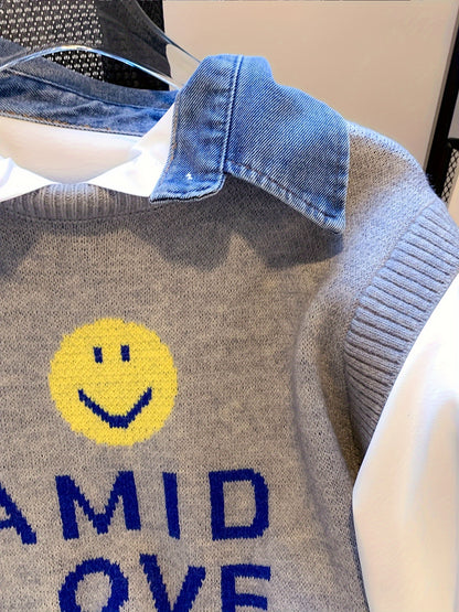 Sixsr Smile Face & Letter Print Sweater Vest, Casual Sleeveless Vest For Fall & Winter, Women's Clothing