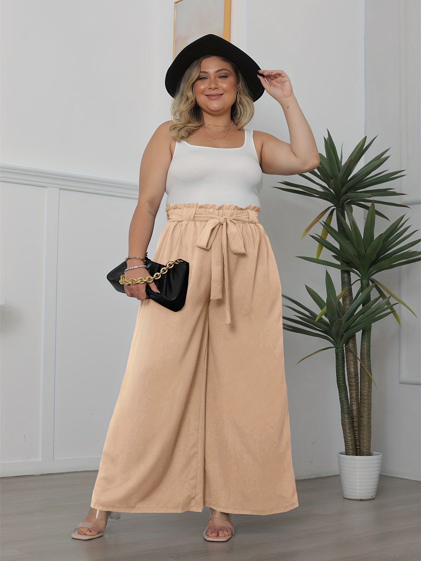 Sixsr Plus Size Elegant Pants, Women's Plus Solid Ruffle Trim Elastic High Rise Slight Stretch Wide Leg Trousers With Belt