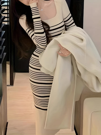 Sixsr Striped Print Knitted Slim Dress, Elegant Long Sleeve Dress, Women's Clothing