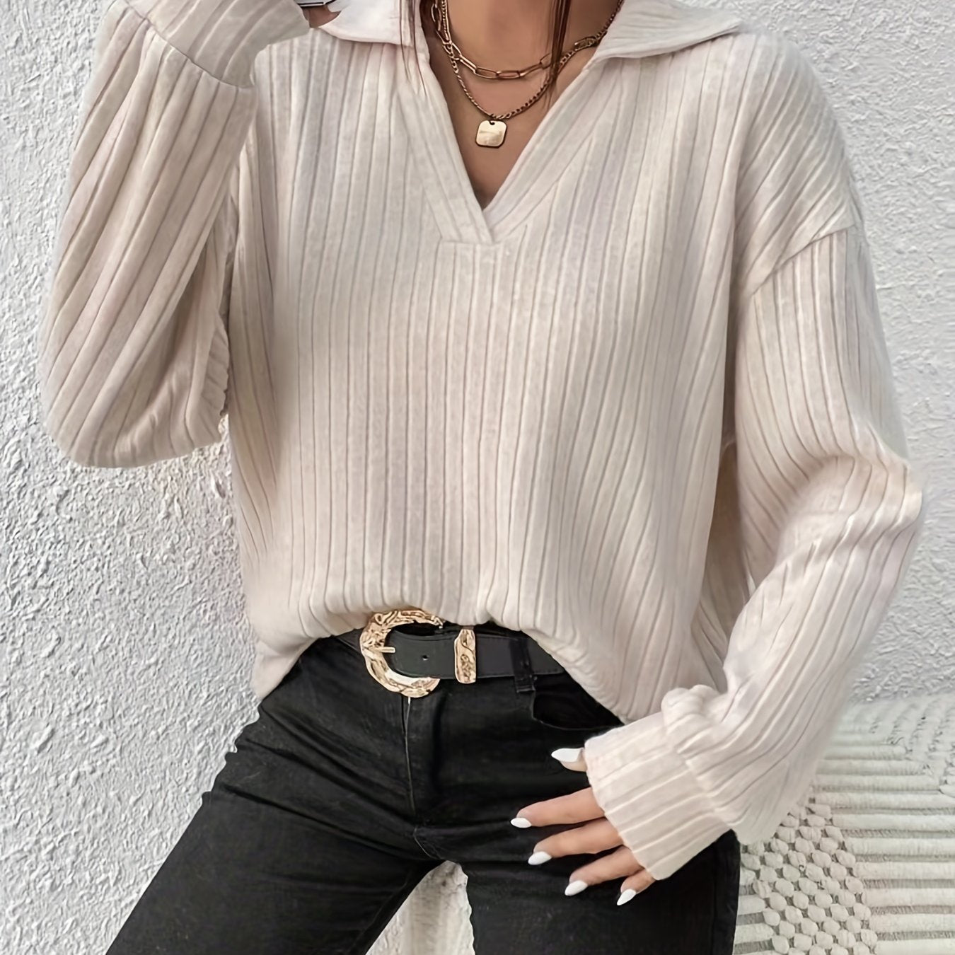 Sixsr Solid Polo Neck Loose T-shirt, Casual Drop Shoulder Simple Long Sleeve T-shirt, Women's Clothing