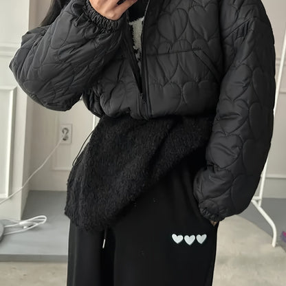 Sixsr Heart Pattern Zip Up Jacket, Casual Collared Long Sleeve Warm Outerwear For Fall & Winter, Women's Clothing