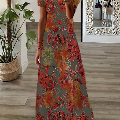 Plus Size Casual Dress, Women's Plus Floral Print Short Sleeve V Neck Medium Stretch Maxi Dress